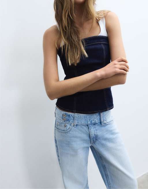 Stradivarius - Jeans met rechte pijpen, lage taille en lusjes in medium lichtblauw denim, 4 van 4