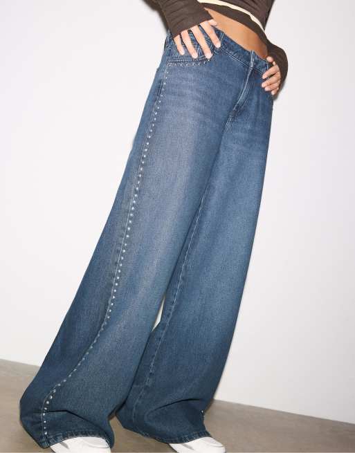 Stradivarius - Jeans met wijde pijpen en hartvormige studs in zwart denim met wassing, 2 van 4