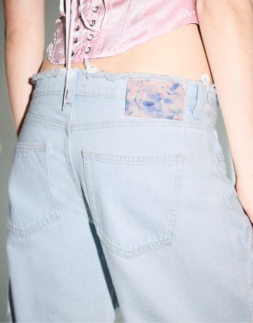 Stradivarius - Jeans met wijde pijpen en lage taille in medium lichtblauw denim, 3 van 4