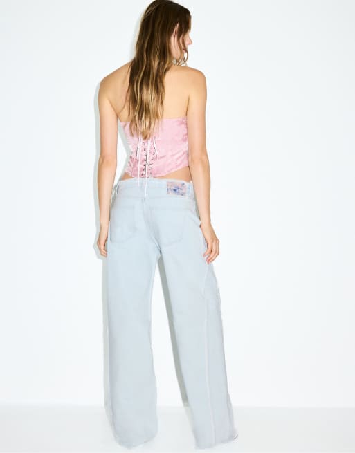 Stradivarius - Jeans met wijde pijpen en lage taille in medium lichtblauw denim, 4 van 4