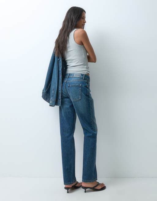 Stradivarius jeans slim fit dritti con bottoni in lavaggio denim medio, 2 di 5