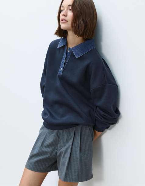Stradivarius – Jeans-Sweatshirt in Marineblau mit Kragen - view 1