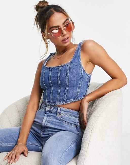 Stradivarius – Jeansowy gorsetowy top z ozdobnym szwem 
