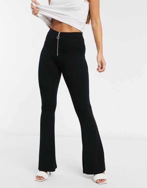 Stradivarius jersey flared pants with front zipper in black