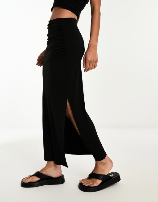 Stradivarius jersey maxi skirt with side split in black