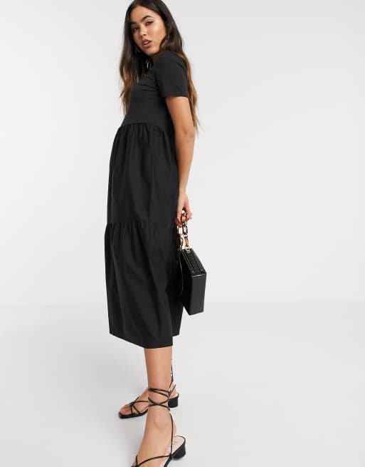 Stradivarius jersey & poplin midi smock dress in black | ASOS