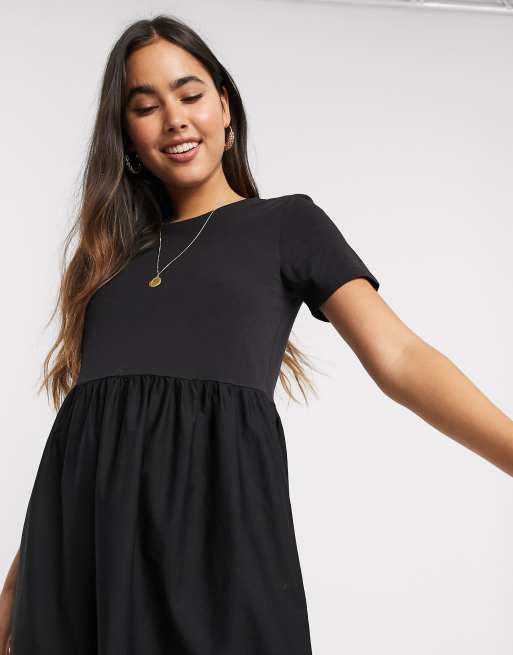 Stradivarius jersey & poplin midi smock dress in black | ASOS