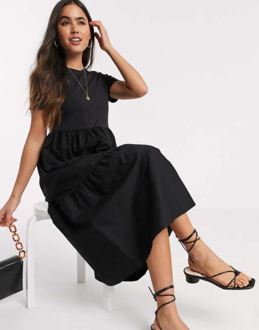 Stradivarius jersey & poplin midi smock dress in black | ASOS