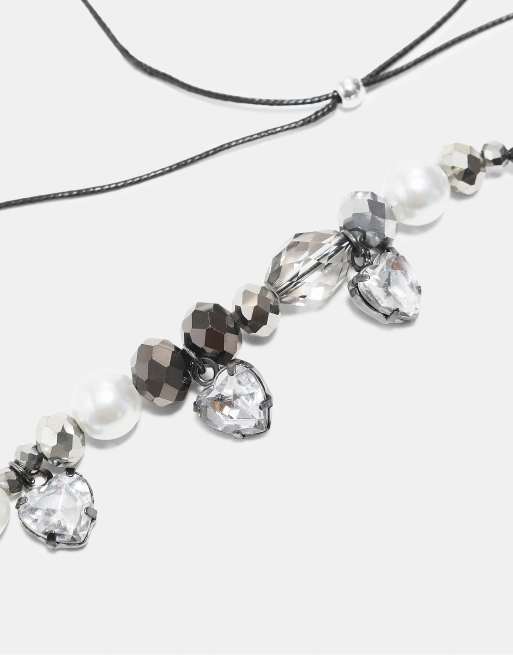 Stradivarius Jewelled beaded necklace in grey, 4 of 4