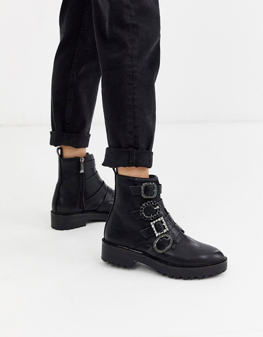 Stradivarius jewelled buckle ankle boots in black