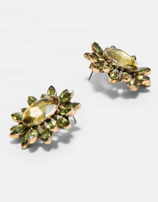 Stradivarius Jewelled stud earrings in khaki, 4 of 4