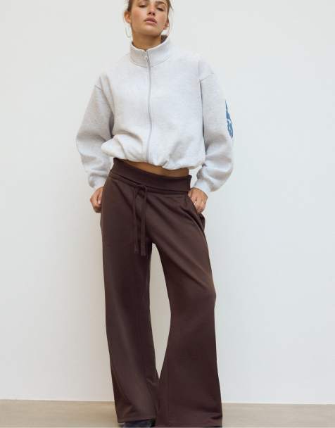 Stradivarius joggers a gamba dritta con fascia in vita ripiegata marroni - view 1