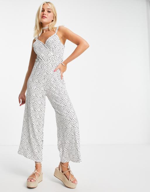 Stradivarius - Jumpsuit met wijde pijpen, smalle bandjes en stippen in wit