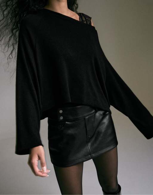Stradivarius Jupe courte avec taille martelée noire, 3 de 7