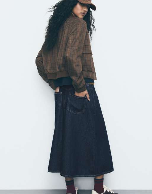 Stradivarius - Jupe longue en jean avec ceinture - Bleu denim brut, 3 de 4