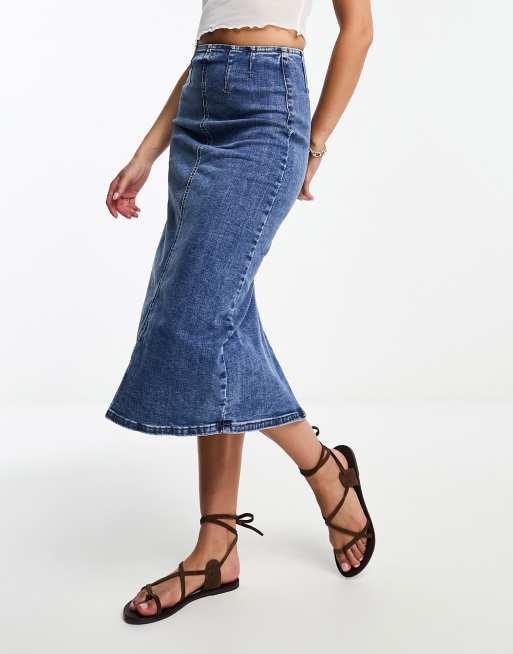 Stradivarius - Jupe mi-longue en jean à surpiqûres - Bleu moyen , 4 de 4