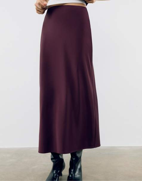 Stradivarius - Jupe mi-longue en satin - Bordeaux - view 1