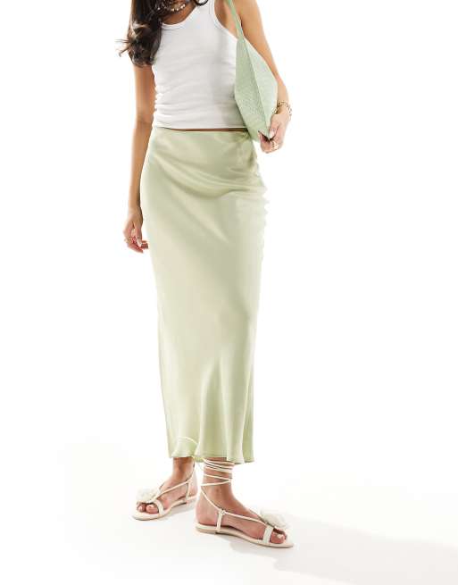 Stradivarius Jupe mi longue en satin Vert delave ASOS