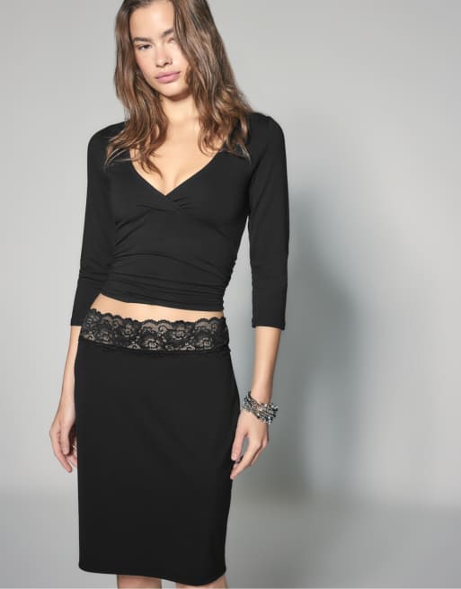 Stradivarius Jupe midi à taille en dentelle noire, 5 de 7