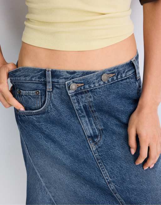 Stradivarius jupe midi asymétrique en jean bleu moyen, 4 de 7