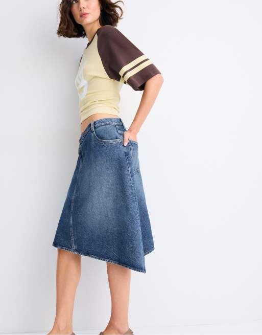 Stradivarius jupe midi asymétrique en jean bleu moyen, 5 de 7