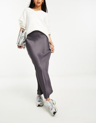 Stradivarius satin midi slip skirt in charcoal - ASOS Price Checker