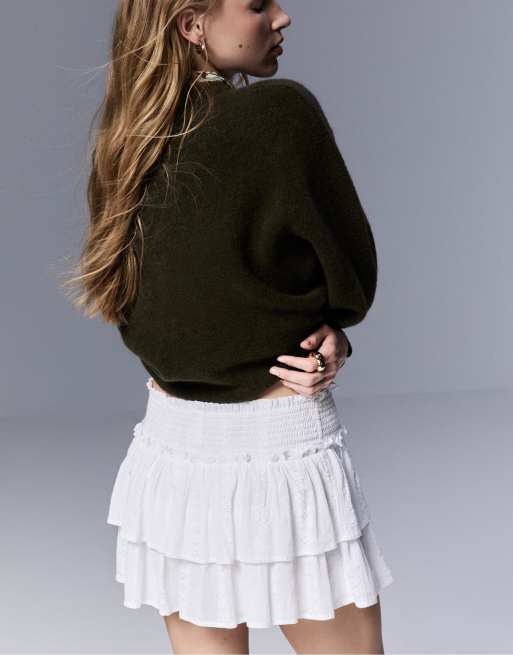 Stradivarius - Jupe-short fluide à volants - Blanc