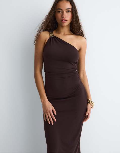 Stradivarius - Jurk met metallic detail in bruin - view 1