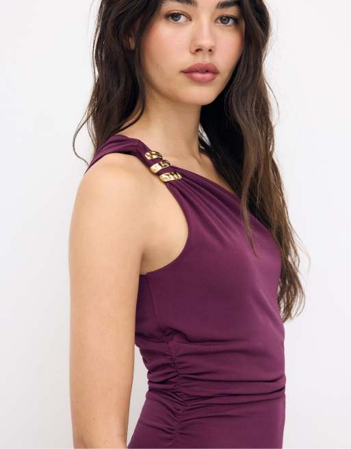 Stradivarius - Jurk met metallic detail in paars, 4 van 4