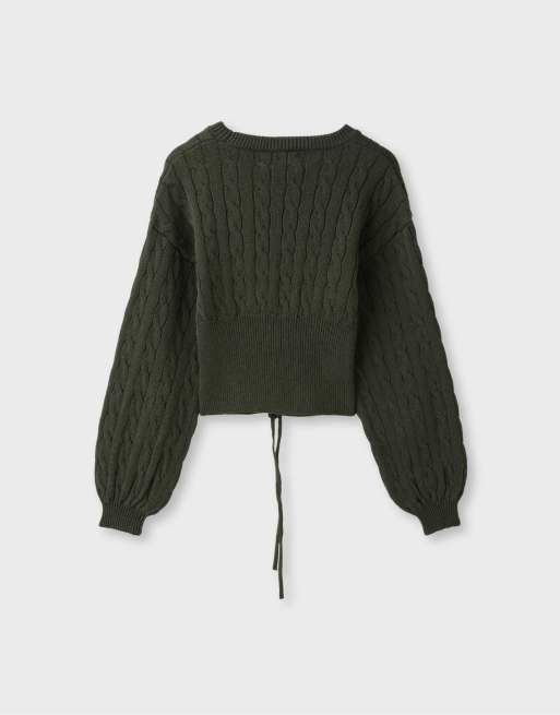 Stradivarius kabelstickad tröja med knytdetalj i khaki, 7 av 7