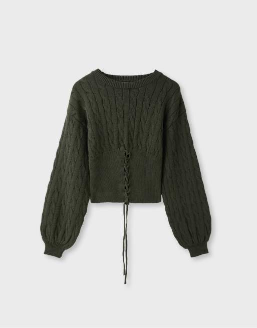 Stradivarius kabelstrikket trøje med bindebåndsdetalje i khaki, 6 af 7