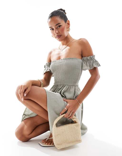Stradivarius - Kakigrøn minikjole med offshoulder-snit og rynker