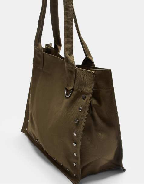 Stradivarius - Kakigrøn tote-taske med nitter i stof - view 1