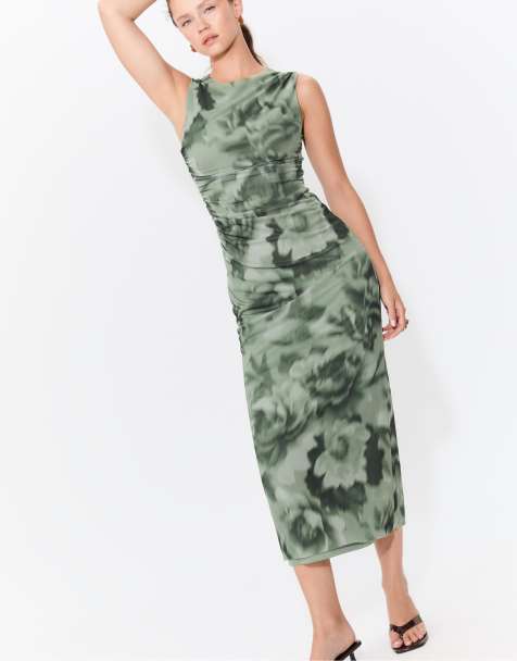 Stradivarius – Kakigrön, mönstrad midiklänning i tyll - view 1