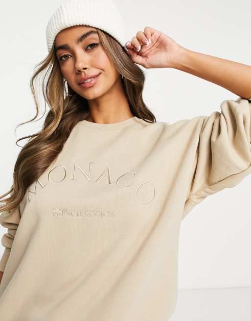Stradivarius – Kamiennobeżowa bluza o kroju oversize z napisem „Monaco”