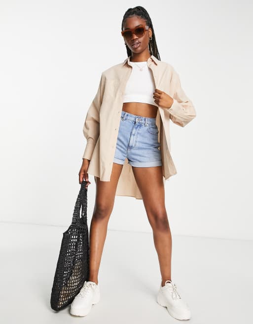 Stradivarius – Kamiennobeżowa koszula oversize o fasonie dad