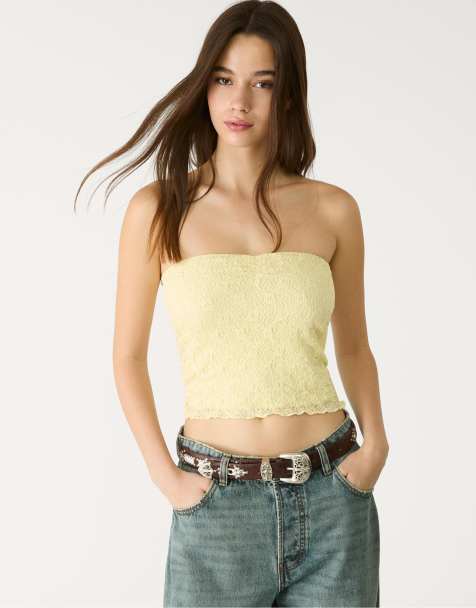 Stradivarius - Kanten bandeau-top in pastelgeel - view 1