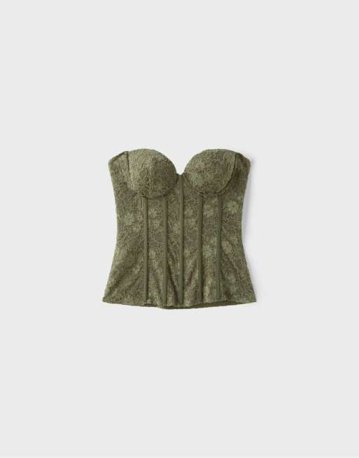 Stradivarius kanten korset met baleinen in kaki, 6 van 7