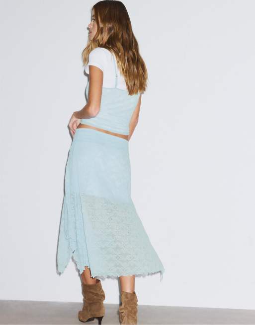 Stradivarius - Kanten midi rok in blauw, 2 van 4