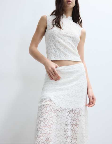 Stradivarius - Kanten T-shirt in qipao-stijl met geflockte print in ecru - view 1