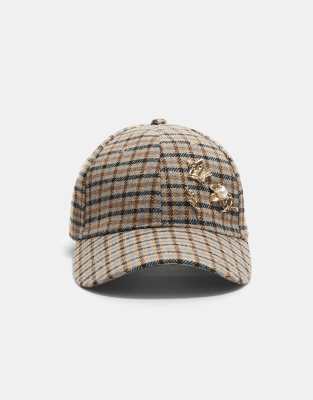 Stradivarius - Kappe in Braun kariert mit Broschen-Brown
