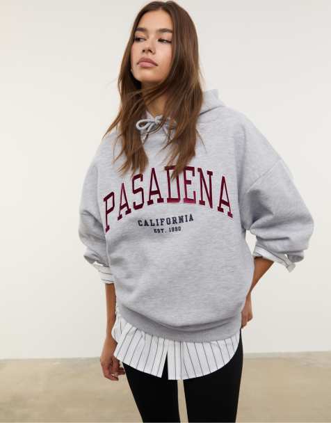 Stradivarius – Kapuzenpullover in Grau meliert mit Stickerei - view 1