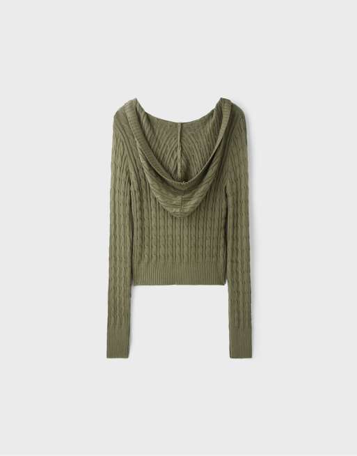 Stradivarius Kapuzenpullover mit Zopfmuster in Khaki, 7 von 7