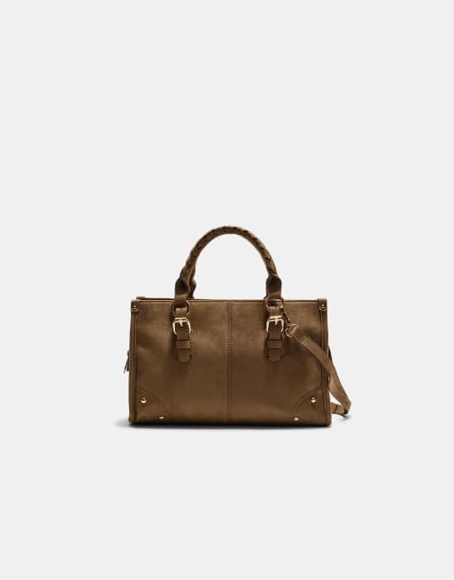 Stradivarius - Karamelbrun crossbody-taske med flettet hank