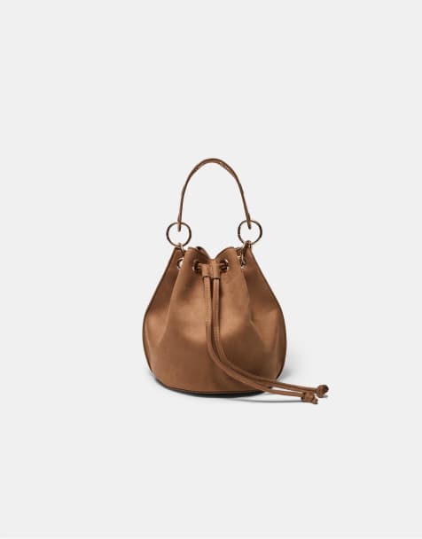 Stradivarius - Karamelfarvet stiv bucket-taske med snøreringe - view 1
