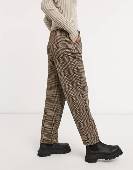 Stradivarius – Karierte Hose mit weitem Bein in Braun