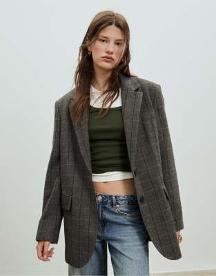 Stradivarius - Karierter Oversize-Blazer in Dunkelgrau