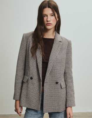 Stradivarius - Karierter Regular Fit Blazer in Perlgrau