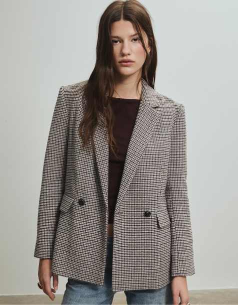 Stradivarius – Karierter Regular Fit Blazer in Perlgrau - view 1