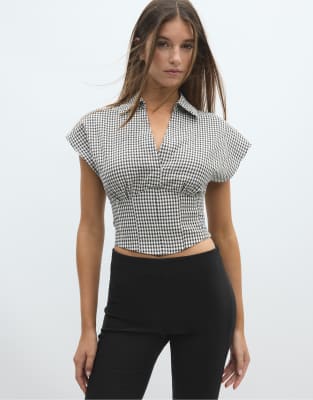 Karierte Hemdbluse in Ecru mit betonter Taille-Weiß Weiß M